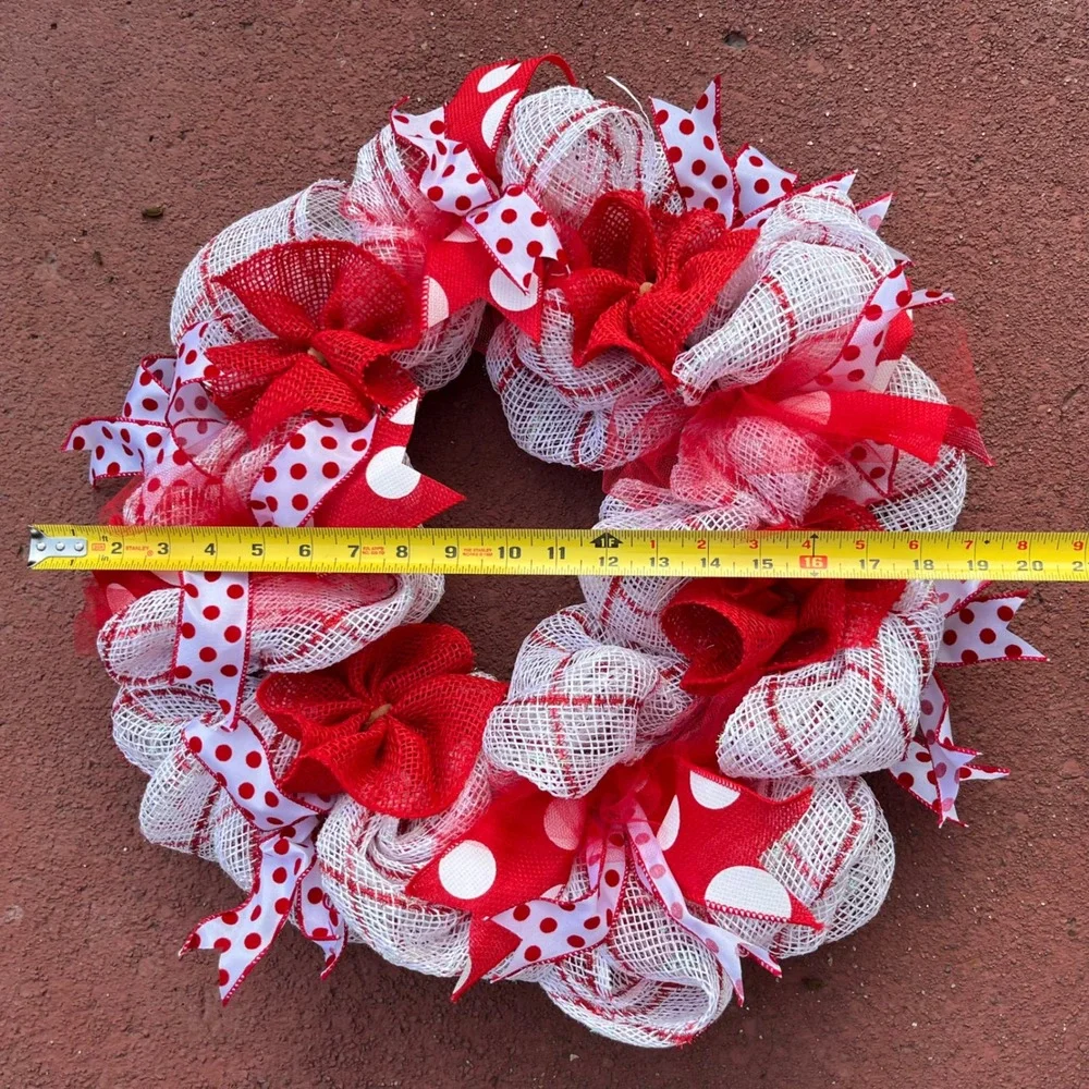 Handmade Red and White Deco Mesh Wreath Polka Dot Burlap Valentine Decor 21in